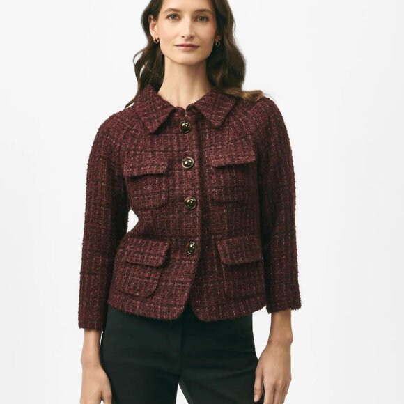 BROOKS BROTHERS Burgundy Maroon Cropped Jacket in Cotton-Wool Blend Boucle - 2 - Picture 1 of 13